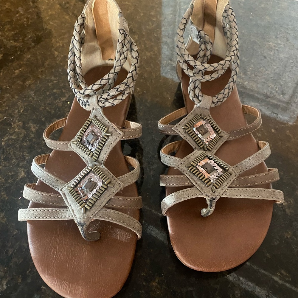 Taupe colored embellished sandals.  Size 8.5